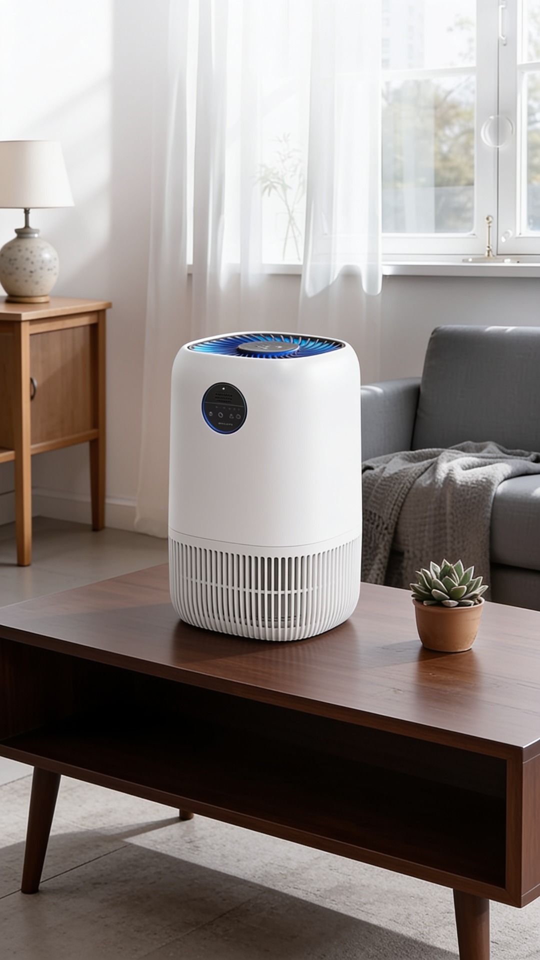 A compact white cylindrical air purifier with a slatted base and top blue lighting sitting on a dark walnut coffee table next to a potted succulent and grey sofa.
