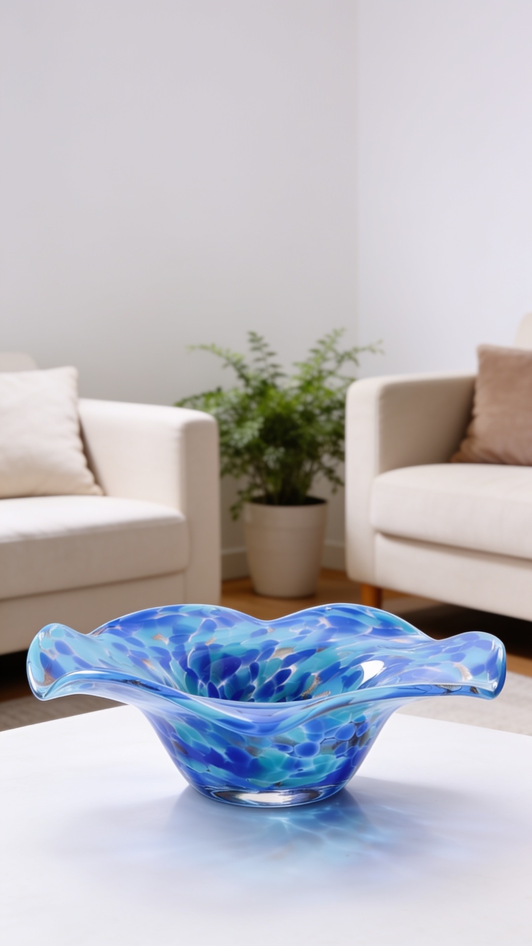 A ruffled cobalt blue and turquoise hand-blown glass bowl sitting on a modern white coffee table in a sunlit living room.