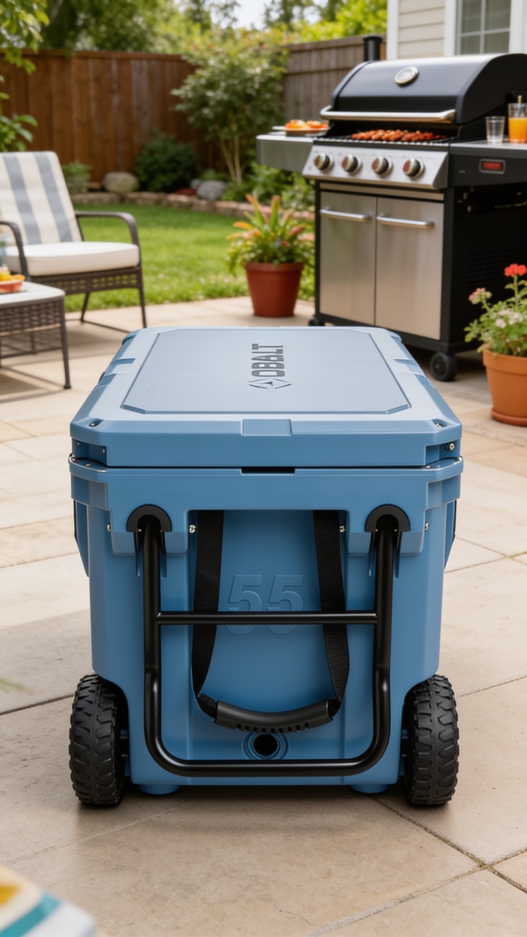 A slate blue 55-quart wheeled cooler sitting on a light stone patio in front of a black outdoor grill and patio chair.