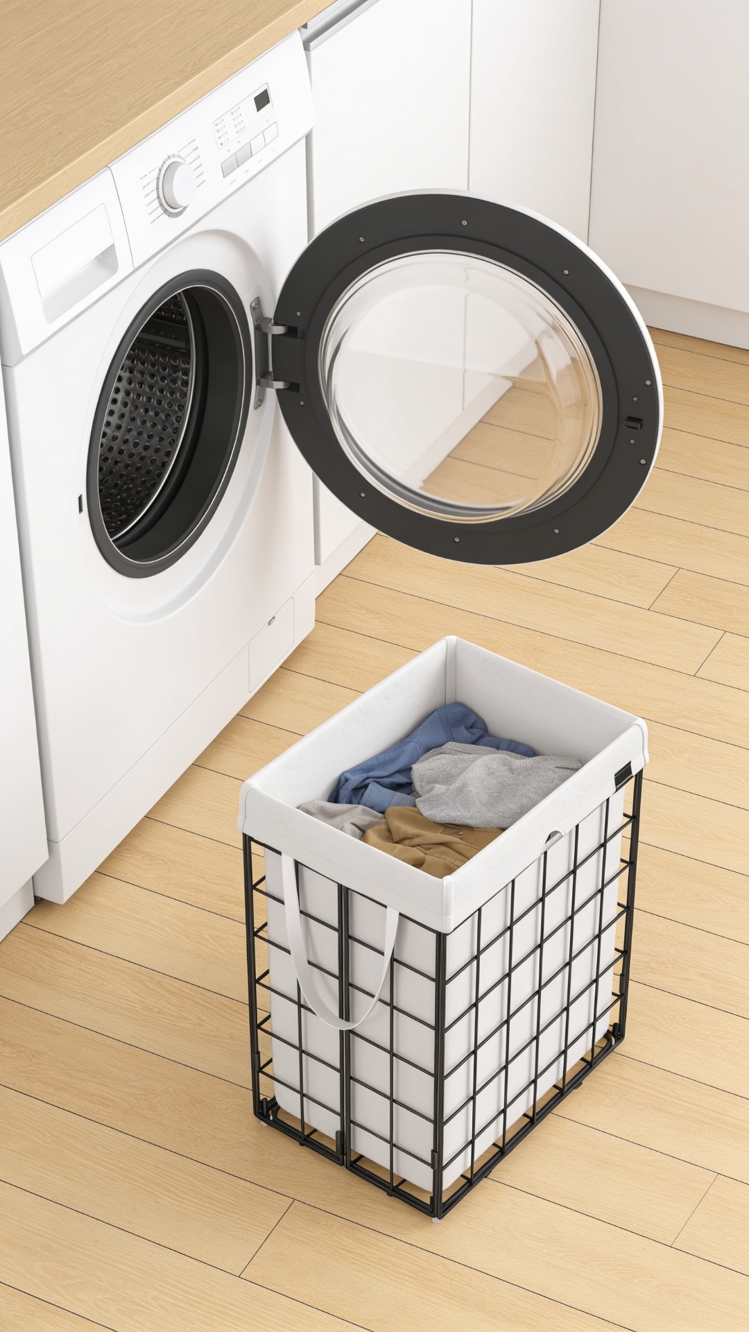 An open front-loading washing machine beside a black wire laundry hamper filled with clothes on light wood flooring.