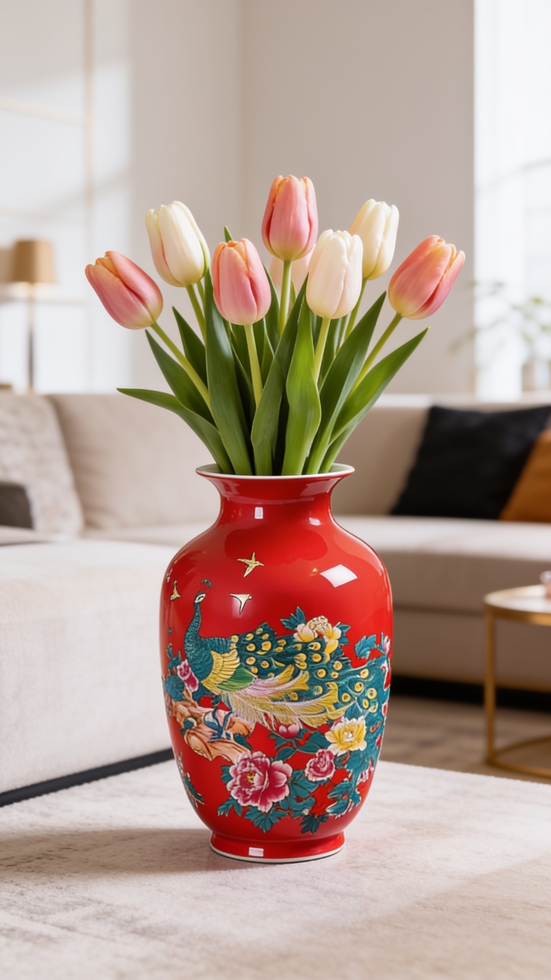 A glossy red ceramic vase featuring a detailed hand-painted peacock and pink floral motif, holding pink and cream tulips on a light table.