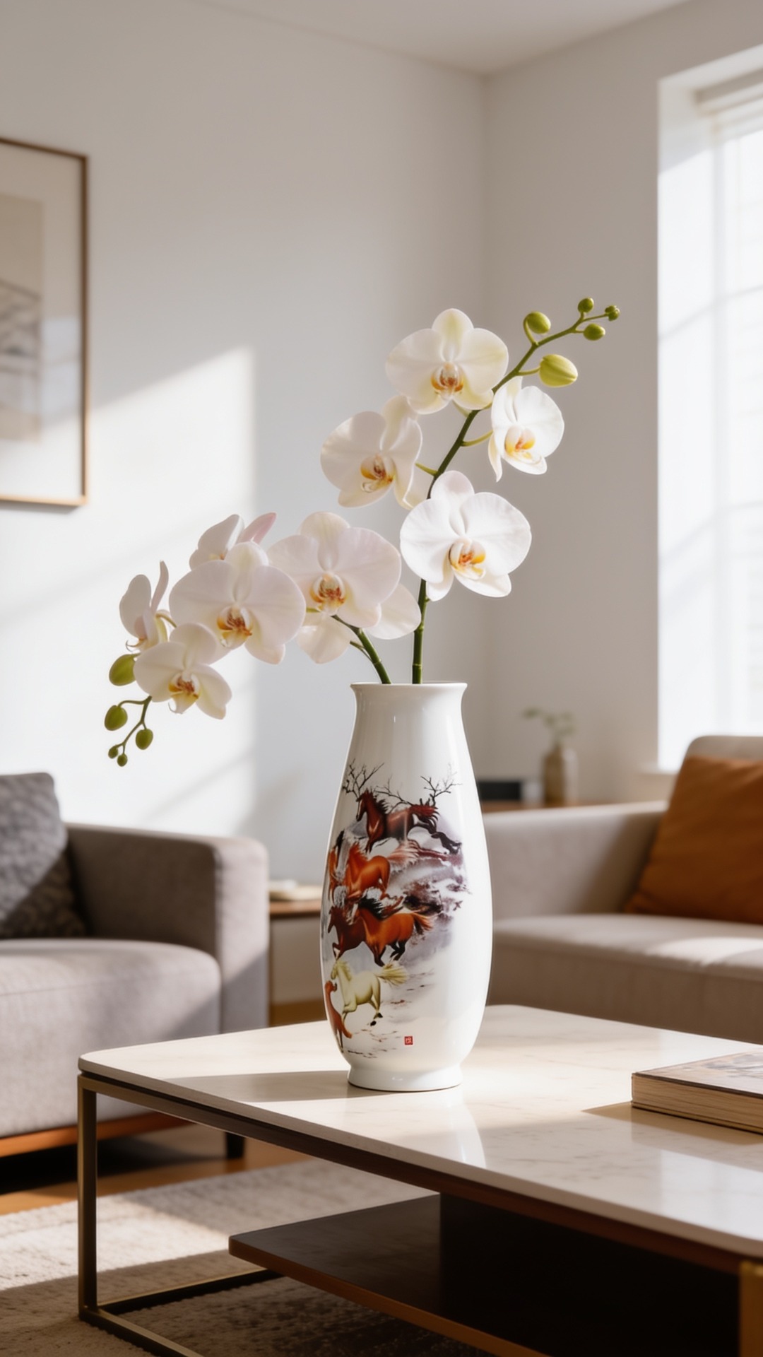 A tall white glazed porcelain vase decorated with a painted scene of running horses, holding white orchid stems on a light marble coffee table in a sunlit living room.