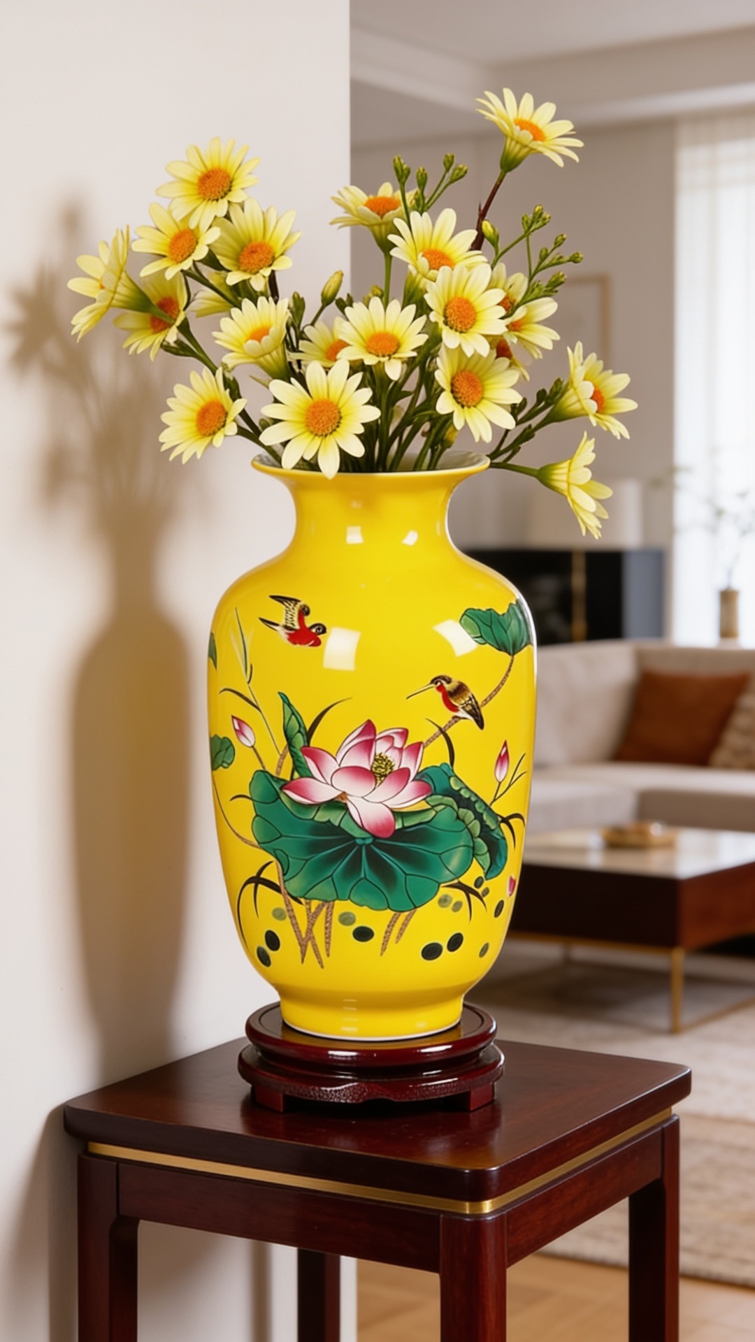 A bright yellow porcelain vase with hand-painted pink lotus flowers and green leaves, filled with yellow daisies, sitting on a dark wood stand in a bright room.