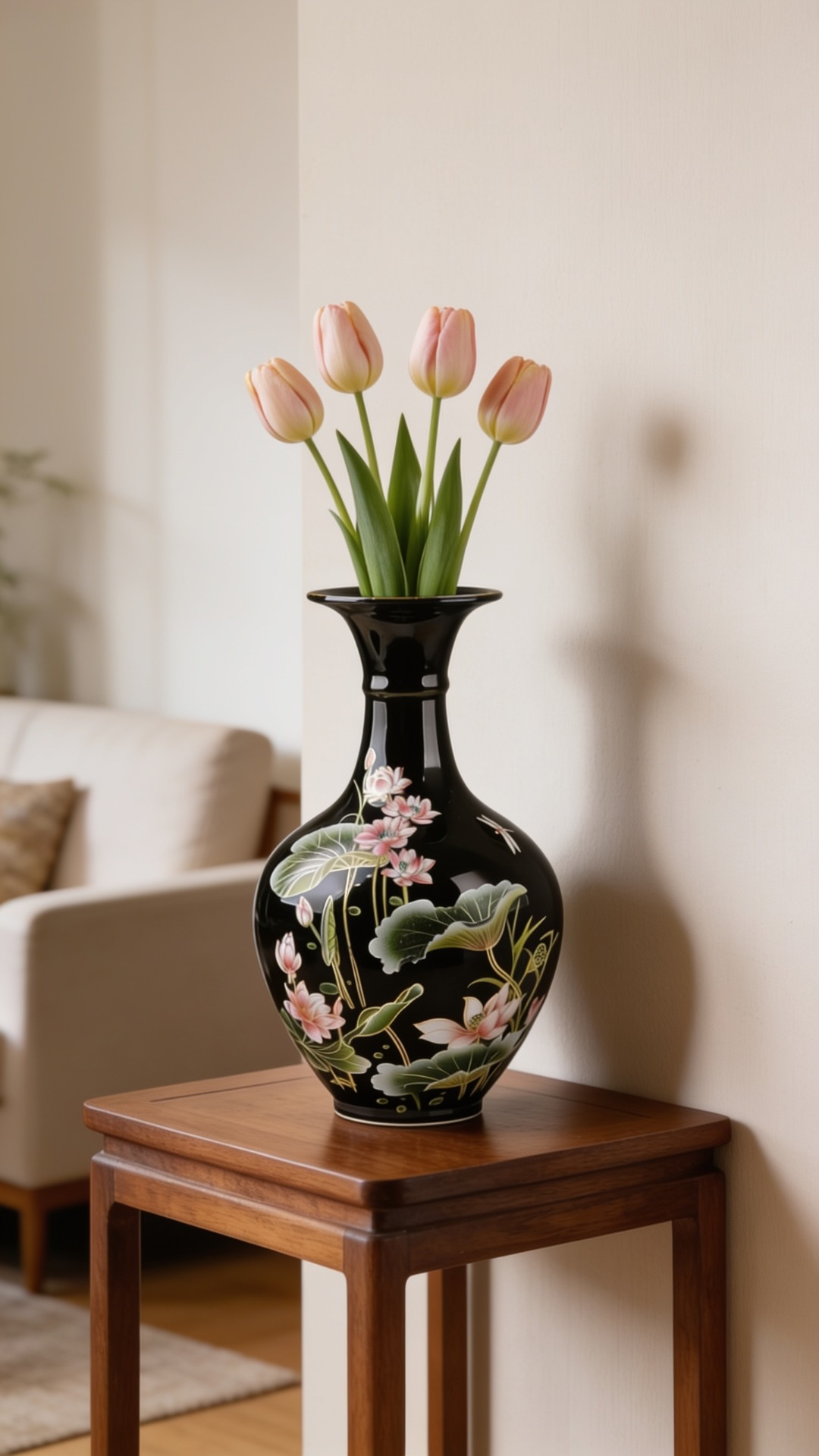 A black glazed ceramic vase painted with pink lotus flowers and green leaves sits on a small wooden stand holding pink tulips.