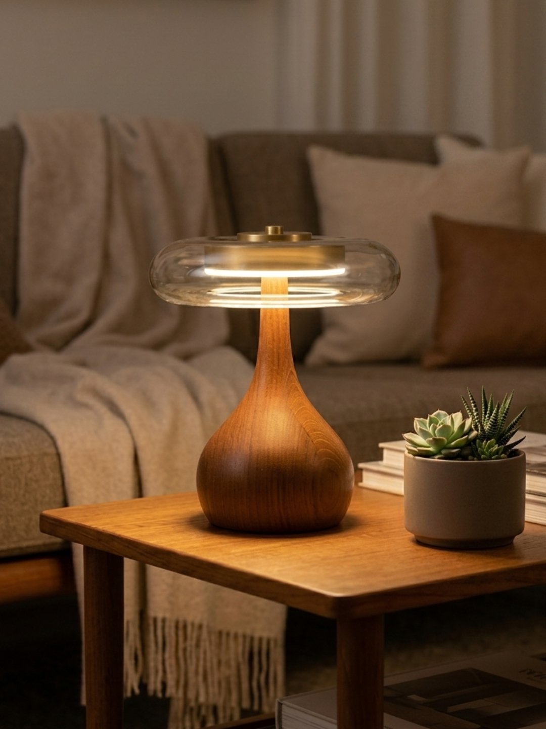 A warm toned table lamp with a teardrop shaped wooden base and a wide, flat, clear glass shade sits illuminated on a wooden side table next to a small potted succulent, with a neutral colored sofa in the soft focus background.