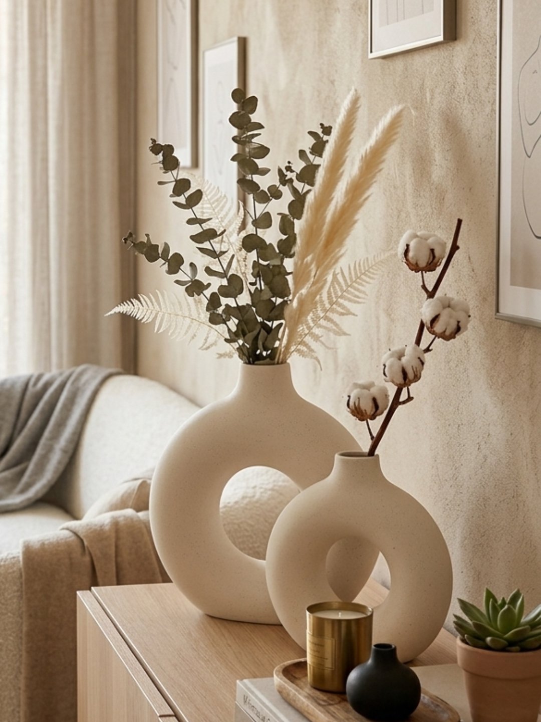 Two matte off-white circular ceramic vases with hollow centers sit on a light wood cabinet, styled with dried eucalyptus, pampas grass, and a cotton branch.
