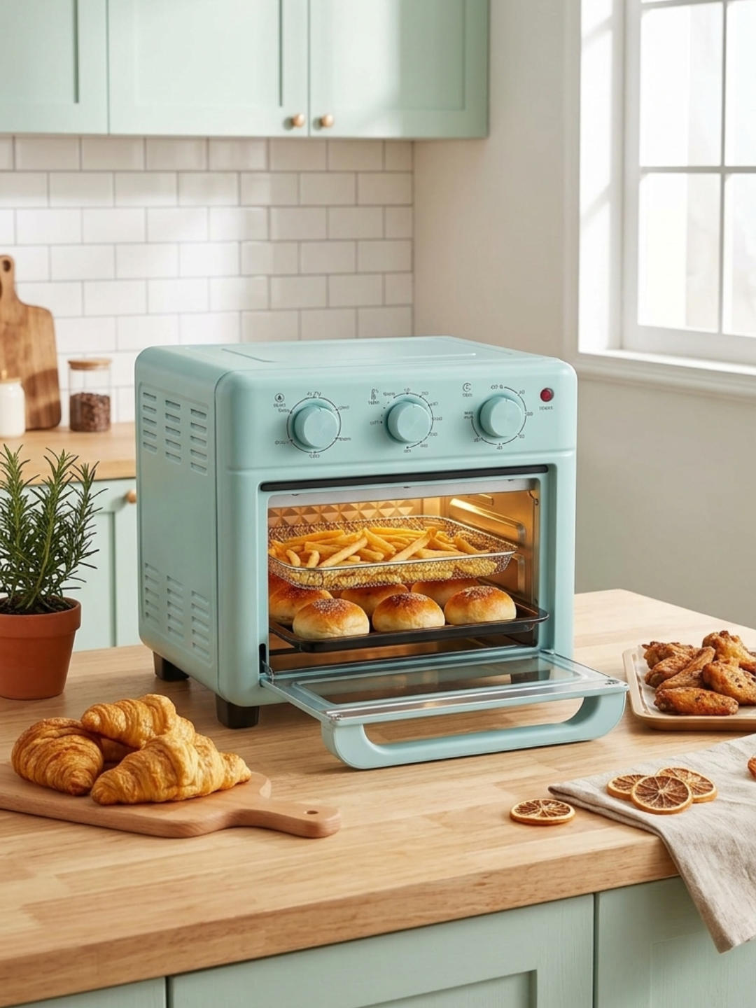 A pastel blue retro-style air fryer toaster oven sits on a light wood kitchen counter with its glass door open. Inside, french fries are in a wire basket above golden buns on a baking tray. Croissants on a wooden board and chicken wings on a plate flank the appliance.