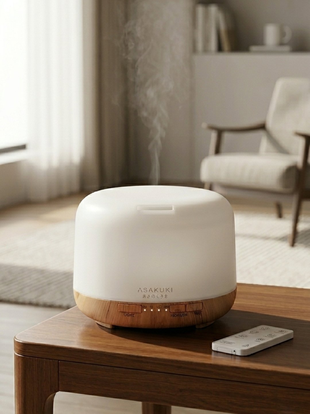 A round, white frosted diffuser with a light wood grain base sits on a dark wood table, emitting a gentle stream of mist. A small white remote control lies next to it on the table. A softly blurred living room with a beige armchair is visible in the background.