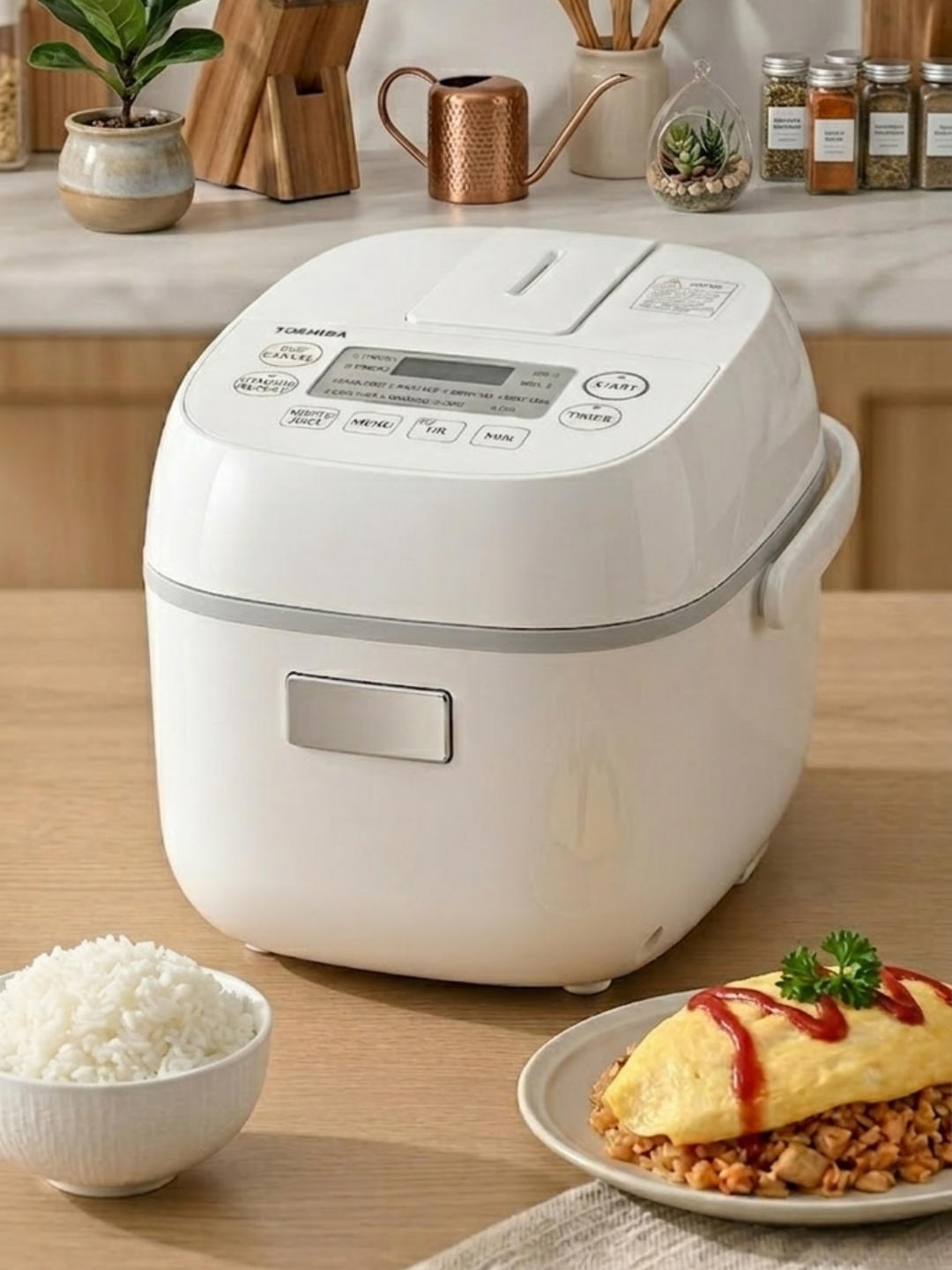 A compact white Toshiba rice cooker sits on a wooden table next to a bowl of white rice and a plate with an omelette. In the background, a marble countertop holds a copper watering can, spice jars, and kitchen utensils.