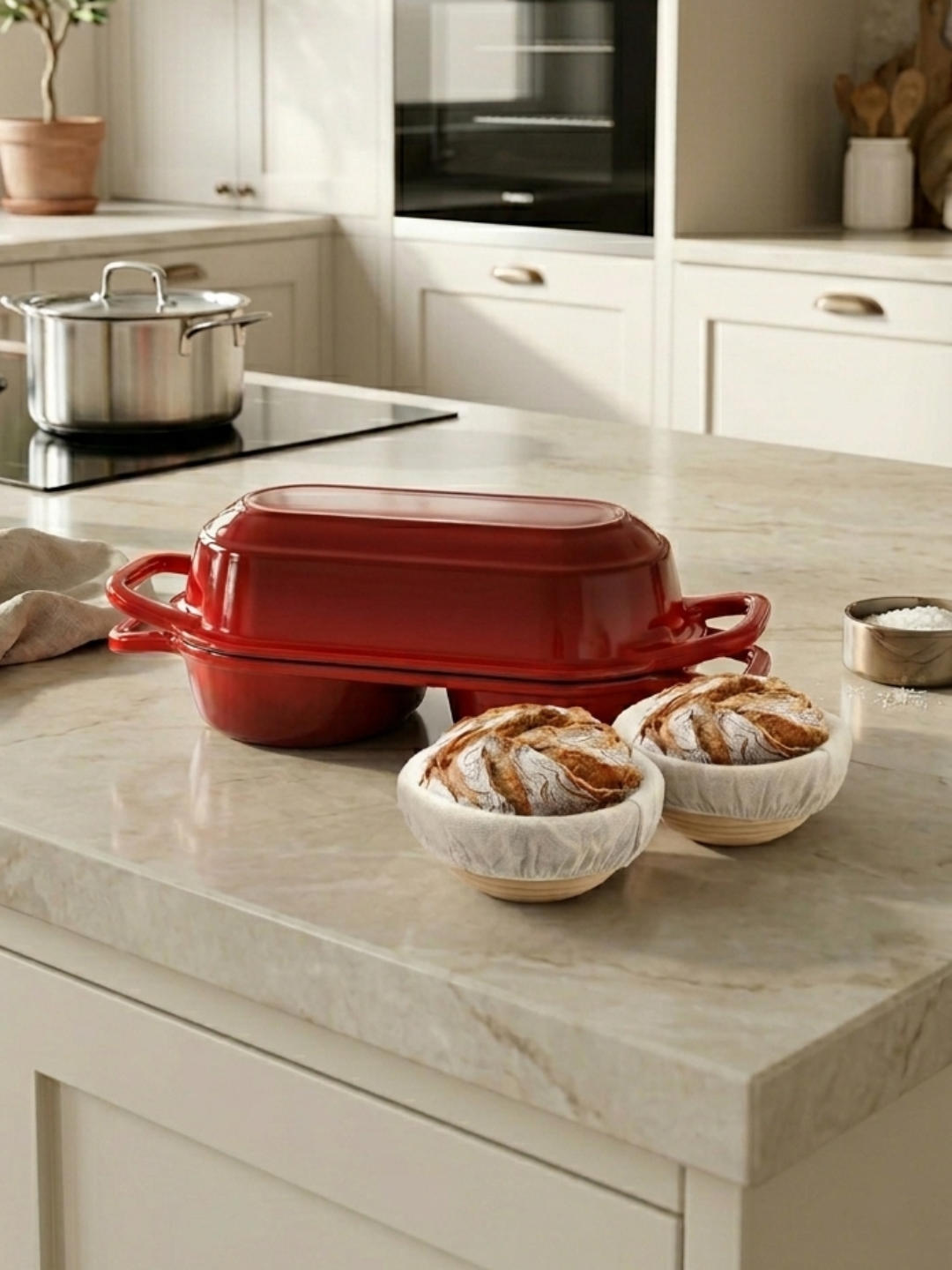 A glossy red enameled cast iron double dutch oven with a domed lid sits on a marble kitchen island alongside two small round rattan baskets holding rising dough.