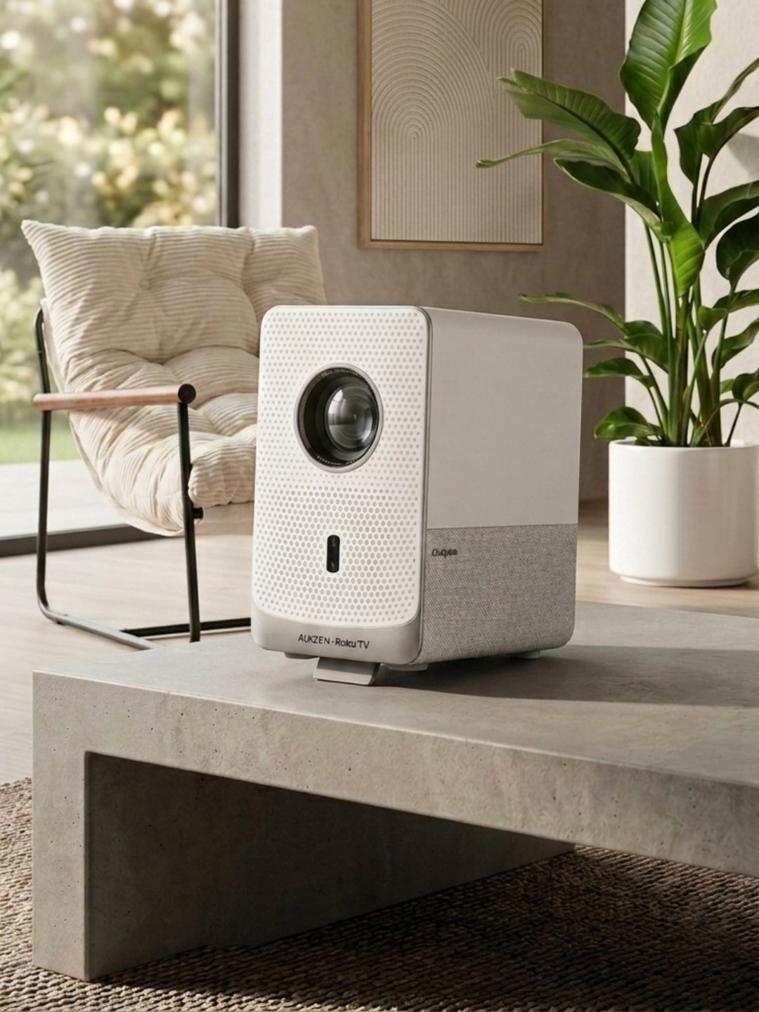 A compact, vertical off-white projector with a grey fabric lower panel rests on a concrete console table. In the background, a light beige armchair and a green potted plant are visible in a sunlit living room.
