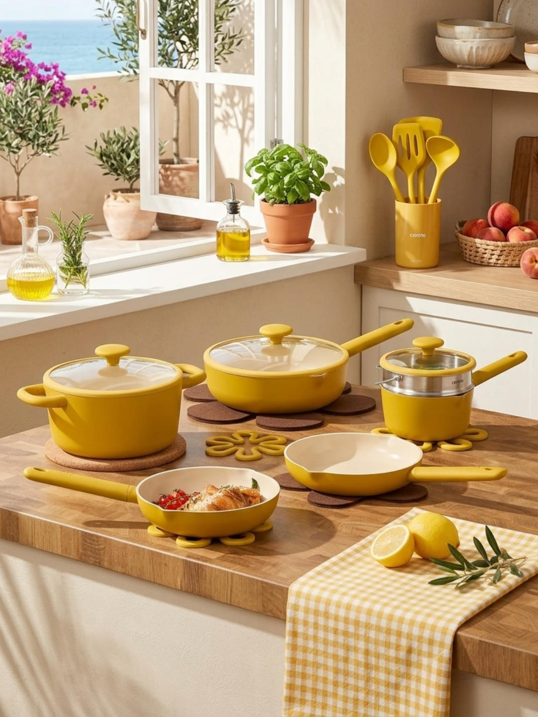 Yellow nonstick ceramic frying pans and stockpot with glass lids on a black induction stove