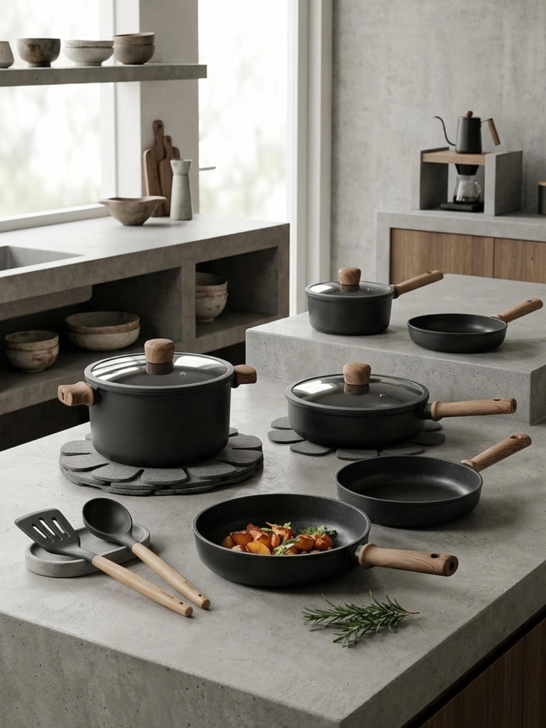 A collection of matte dark grey pots and pans with light wood-grained handles and knobs resting on a grey concrete countertop, accompanied by matching cooking utensils and felt trivets.