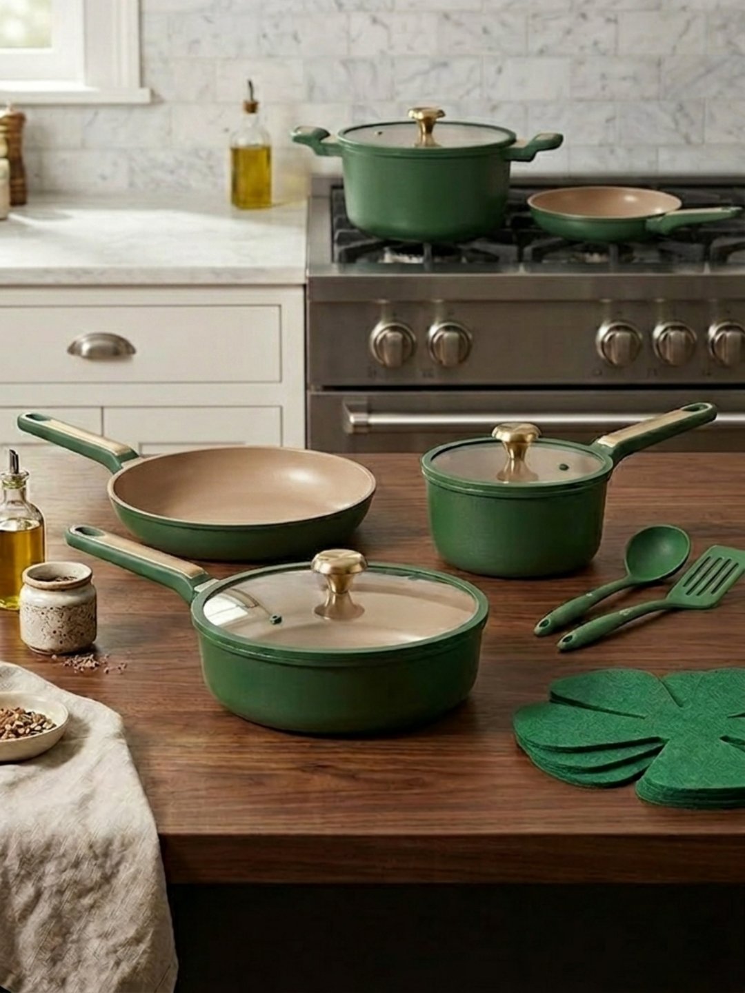 A collection of sage green pots and pans with beige interiors and gold lid knobs arranged on a wooden countertop next to green utensils and felt protectors.