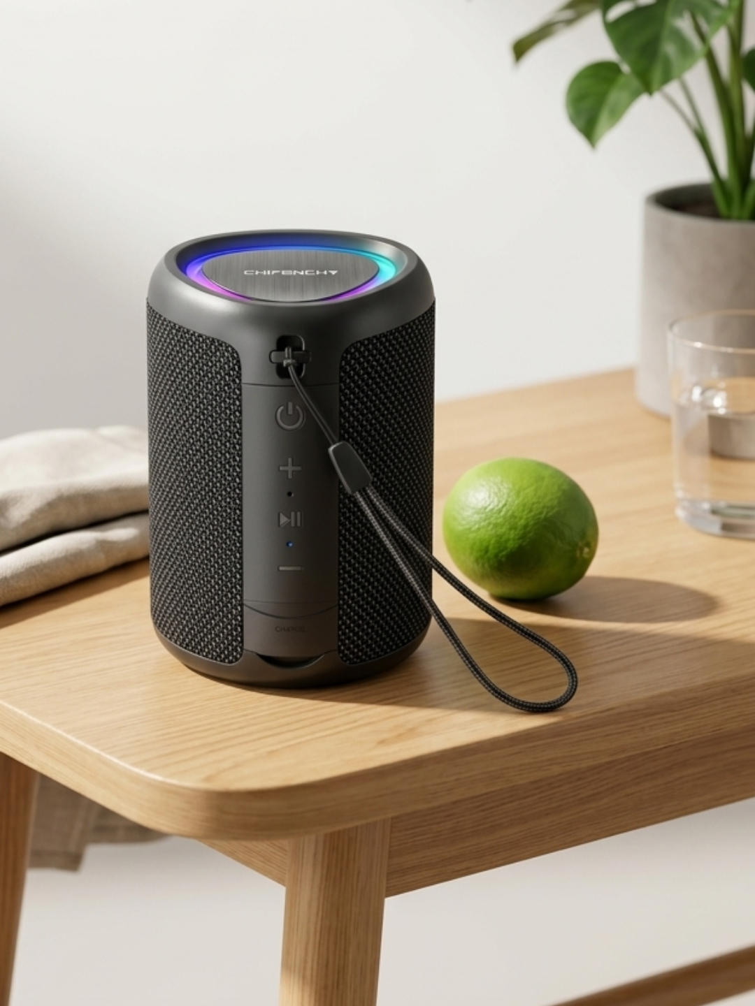 A cylindrical black fabric-wrapped speaker with a glowing rainbow light ring on top, sitting on a light wood table next to a lime, a glass of water, and a potted plant.