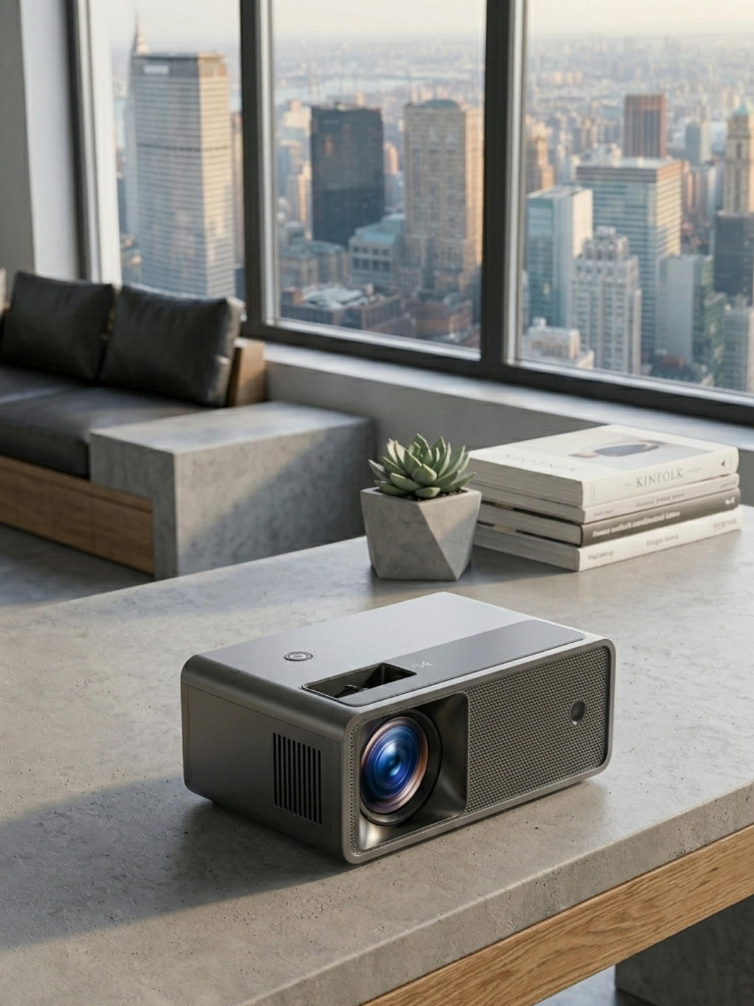 A rectangular gray mini projector sits on a textured concrete tabletop in a modern apartment. In the background, a large window overlooks a city skyline, with a stack of books and a small potted succulent visible nearby.