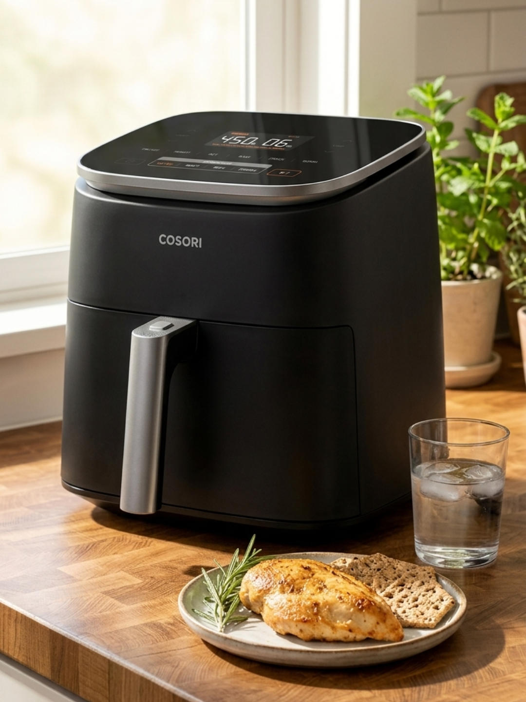 A matte dark gray Cosori TurboBlaze air fryer sits on a wooden butcher block countertop next to a window, with a plate of cooked chicken, crackers, rosemary, and a glass of water in the foreground, and potted green herbs in the background.
