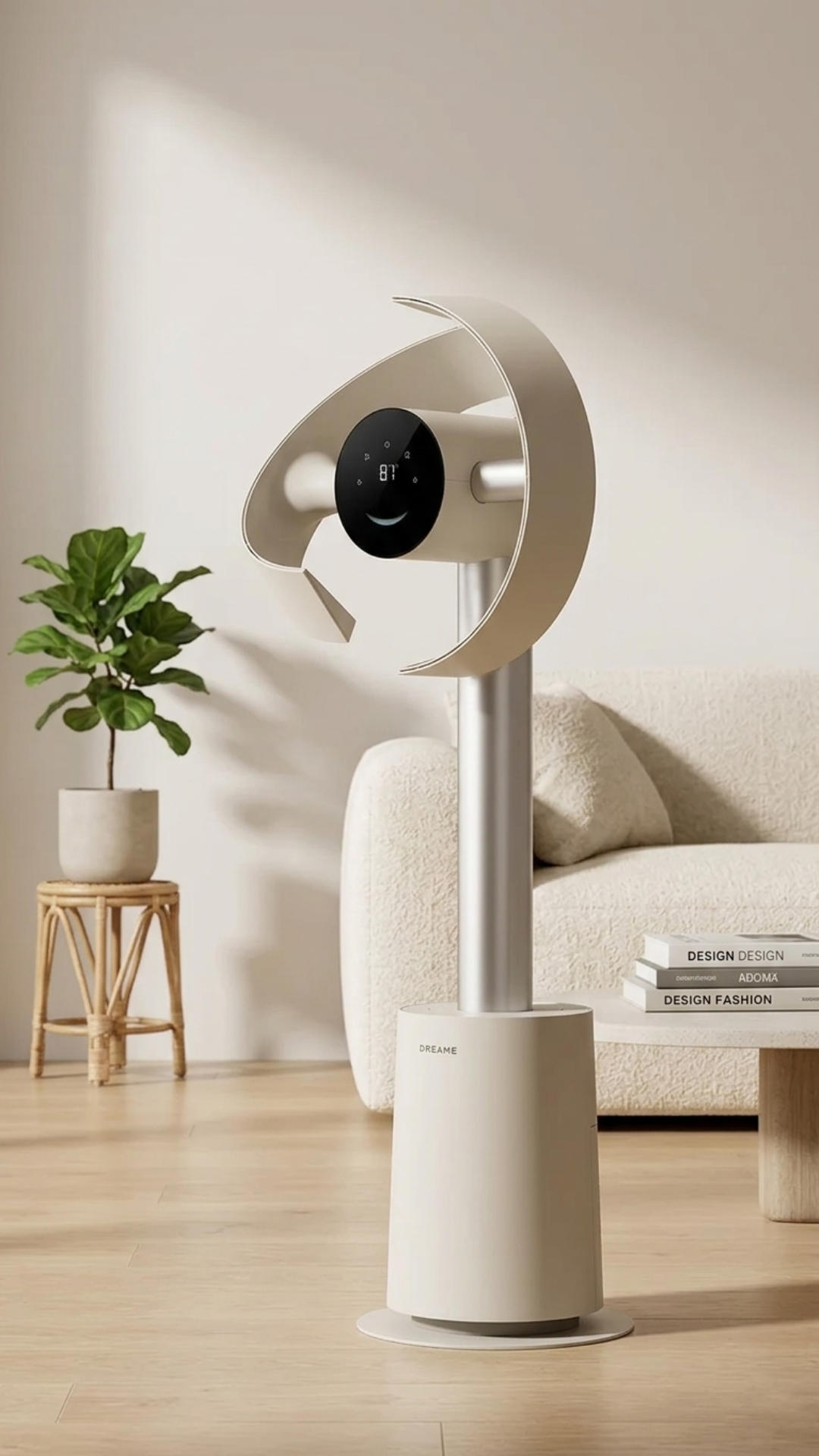A modern, sculptural bladeless tower fan in soft beige and silver stands on a light wood floor in a brightly lit room. A cream sofa, a small wooden stool with a potted plant, and a coffee table with design books are visible in the background.