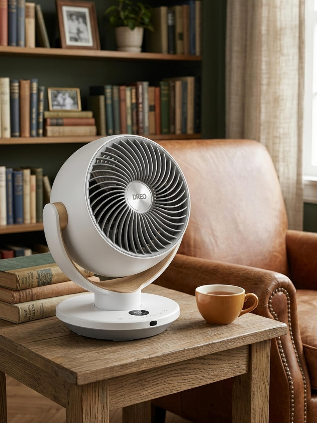 A white spherical table fan with a wood-grain accent arm sits on a wooden side table next to a brown ceramic mug and a stack of old books. In the background, a brown leather armchair and a bookshelf filled with books are visible in a softly lit room.