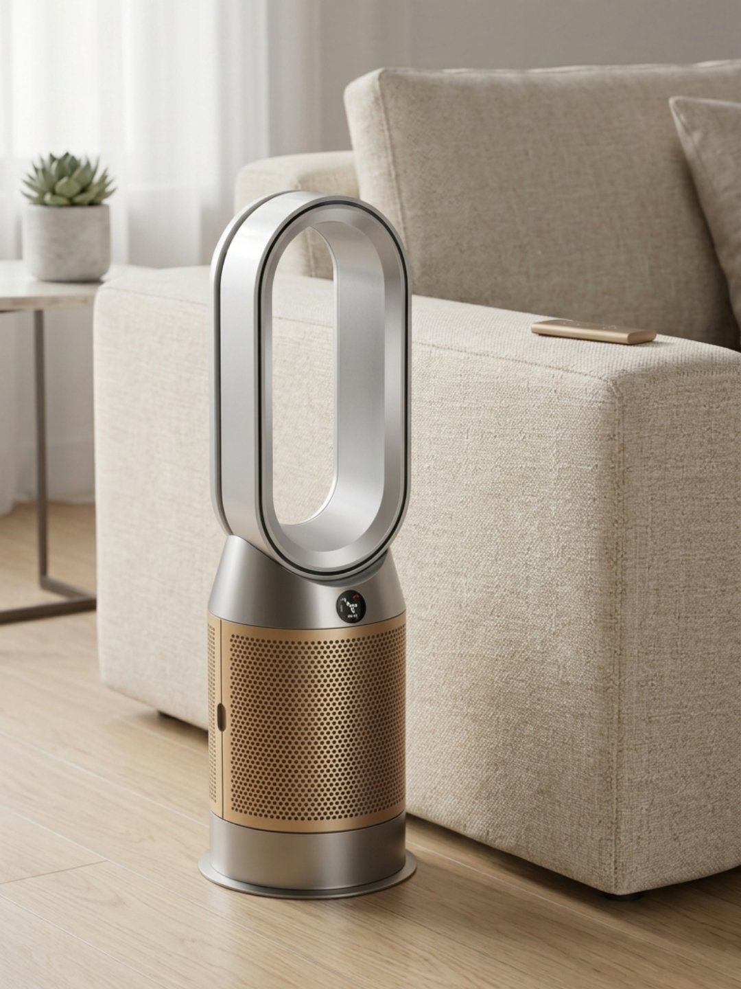 A silver and gold Dyson Purifier Hot and Cool stands on a light wood floor next to a beige linen sofa, with its matching gold remote resting on the armrest.