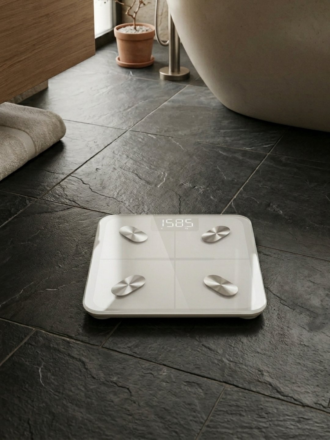 A square white glass smart scale with four metallic sensors sits on dark, textured slate tiles in a modern bathroom near a light wood cabinet and a freestanding tub.