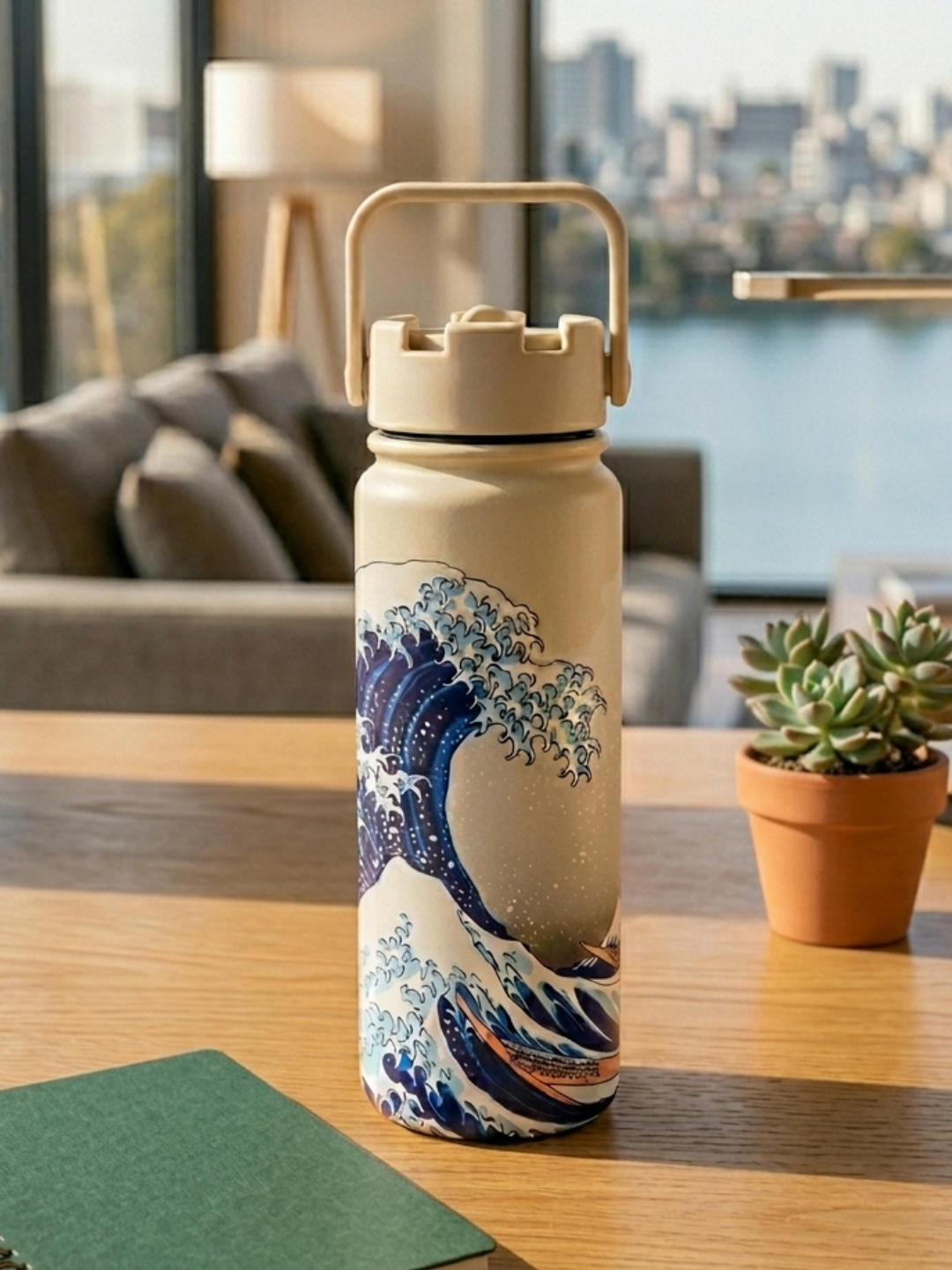 A cream-colored insulated water bottle featuring the blue and white Hokusai Great Wave print sits on a wooden desk next to a green notebook and a small potted succulent, with a soft-focus living room and city window in the background.