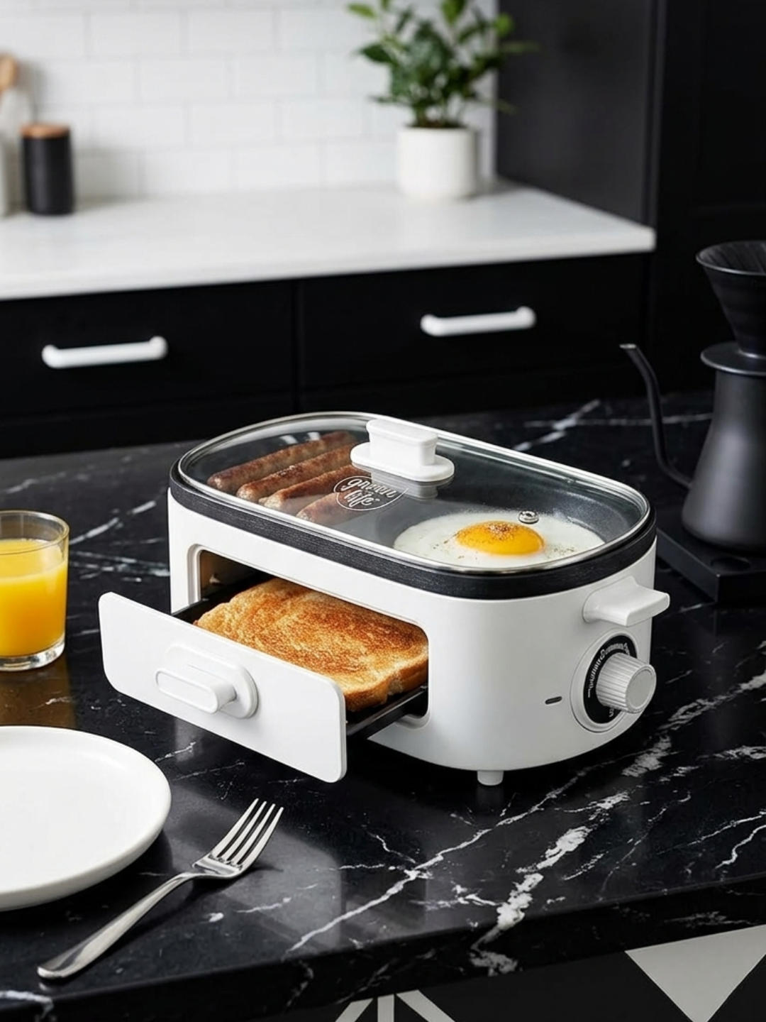 A compact white breakfast maker sits on a black marble countertop. A slice of toasted bread sits in the open lower drawer, while a fried egg and sausages cook on the top griddle under a clear glass lid.