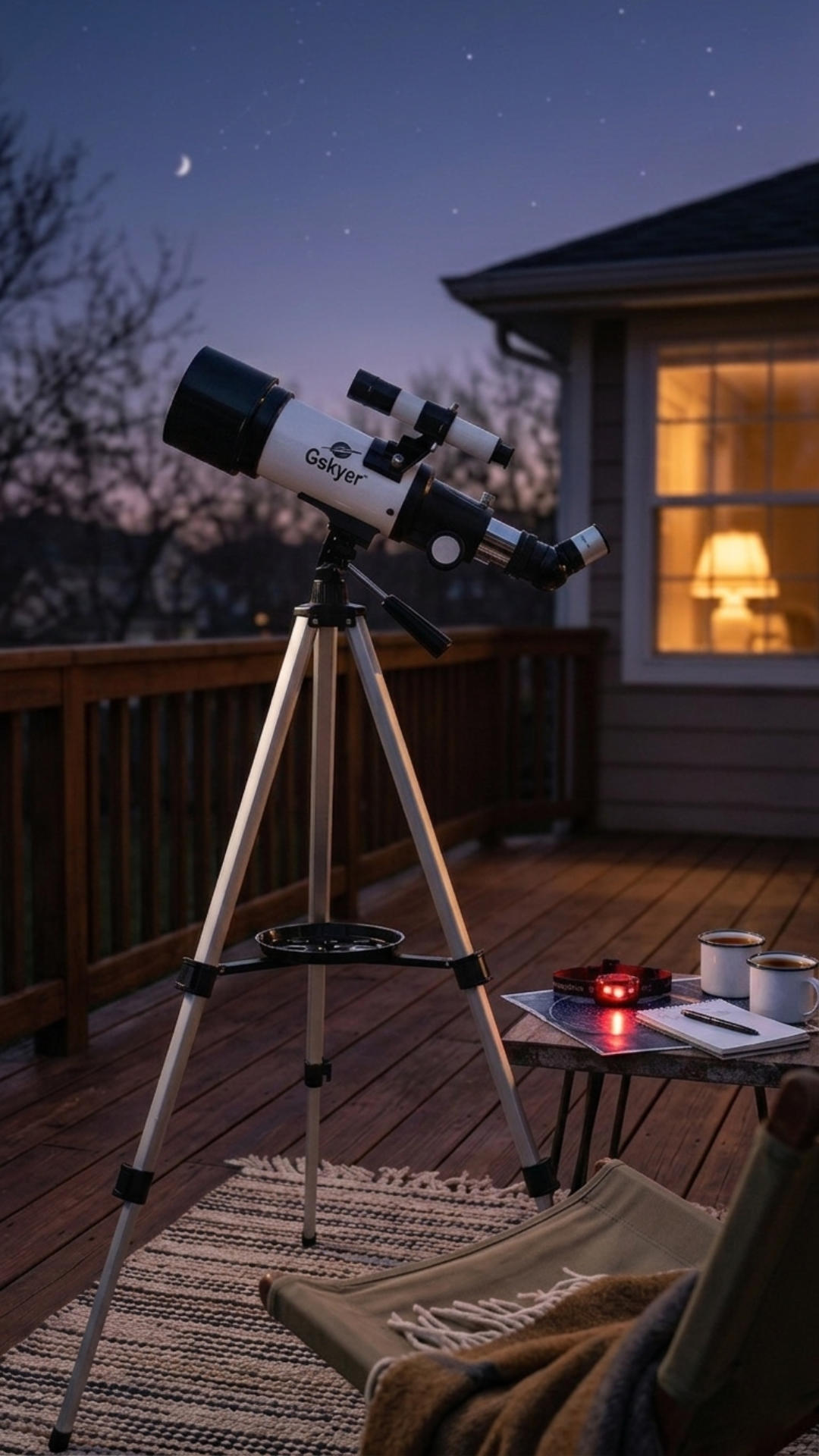 A white Gskyer refracting telescope on a silver tripod stands on a wooden deck at dusk. Nearby, a small table holds mugs and a notebook under a warm light from a house window.