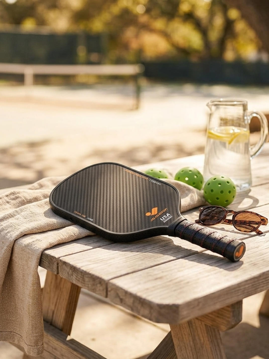 Close up of the Jojolemon pickleball paddle showcasing the textured carbon fiber weave surface.