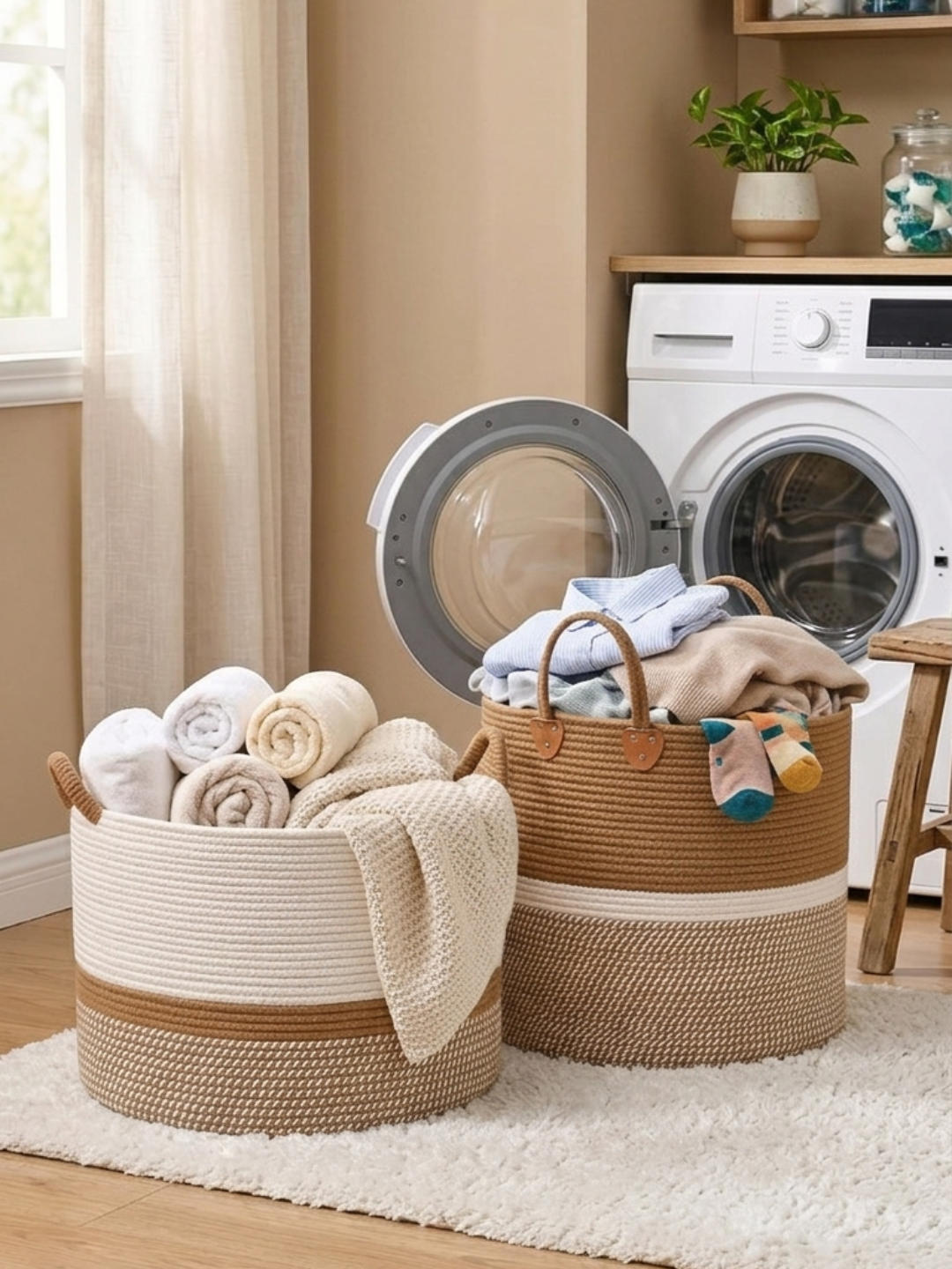 Two round woven cotton baskets with handles sitting on a white shag rug in a laundry room, one filled with folded blankets and the other with clothes next to a washing machine