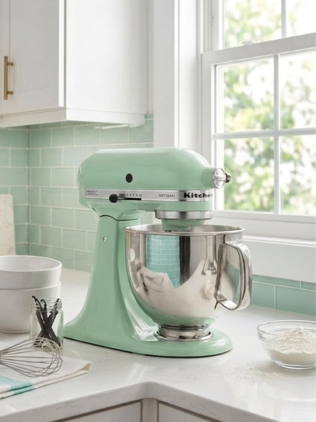 A light pastel green KitchenAid Artisan stand mixer with a stainless steel bowl sitting on a white countertop next to a window, with white bowls, vanilla beans in a jar, a whisk, and a small glass bowl of flour nearby.