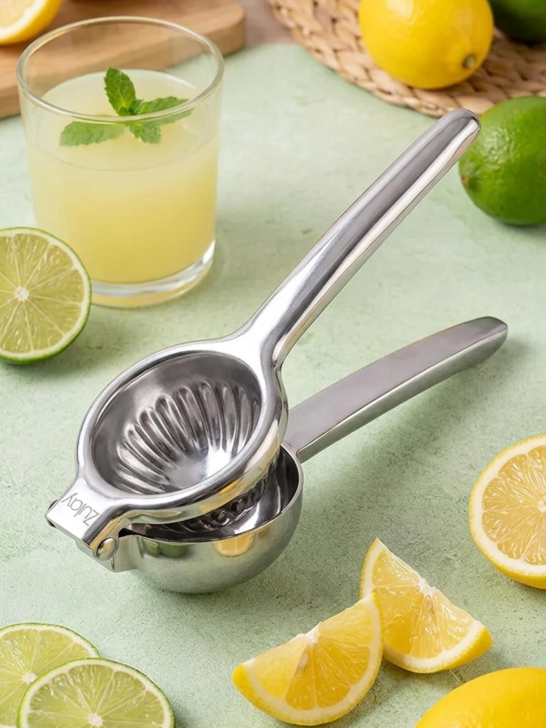 A silver metal manual citrus squeezer rests on a light green surface next to cut lemons and limes and a glass of juice with mint.