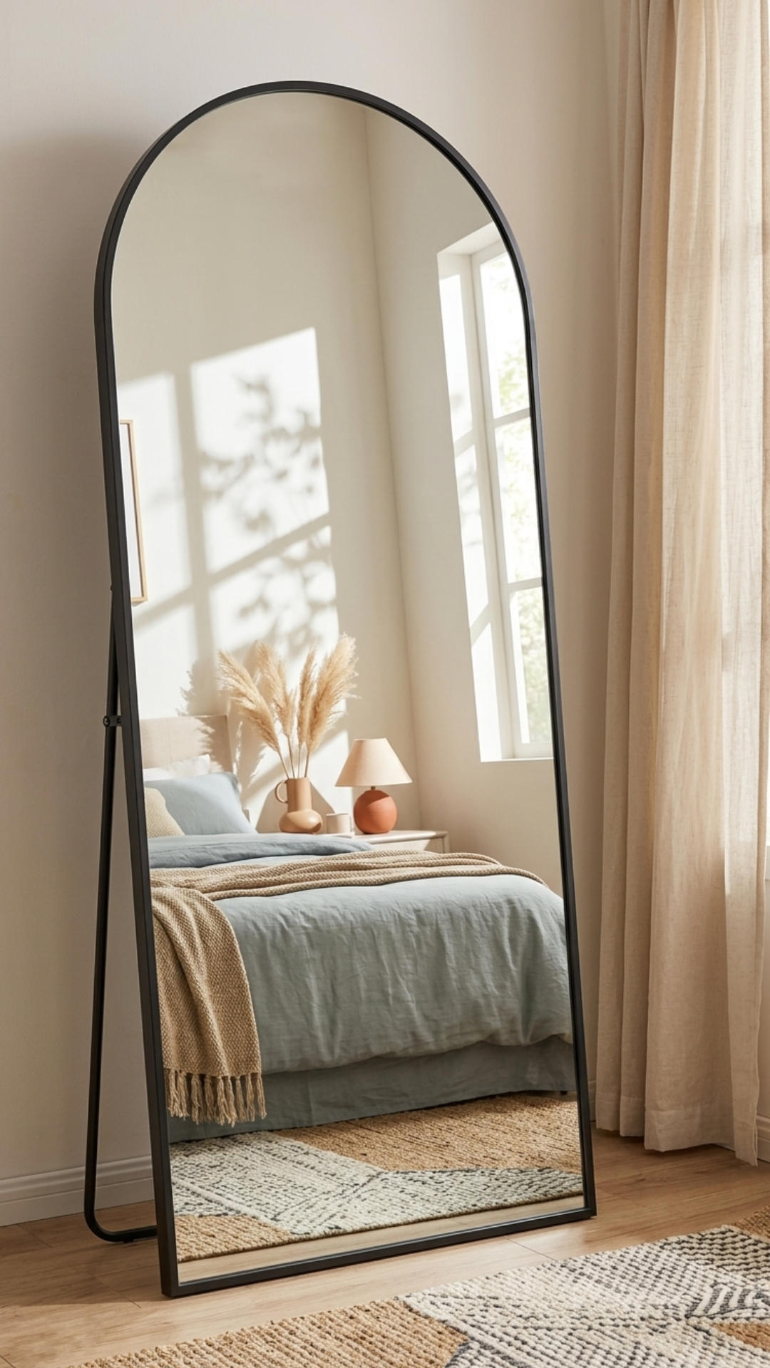 A tall, arched floor mirror with a thin matte black frame stands on a light wood floor in a bedroom. The mirror reflects a bed with dusty blue linens, a beige knit throw blanket, and a bedside table with a small orange lamp and dried pampas grass. Beige curtains hang to the right of the mirror.