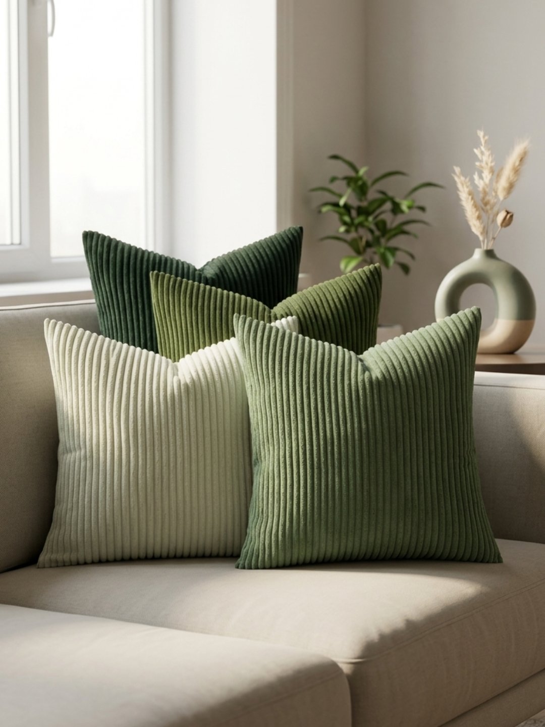 Four square, ribbed corduroy throw pillows in a gradient of forest green, sage, and cream are arranged on a beige sofa next to a window.