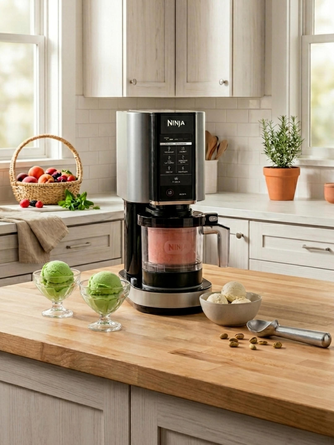 A silver and black Ninja CREAMi ice cream maker sits on a wooden kitchen island alongside bowls of green and white ice cream, a metal scoop, and loose pistachios, with a bright, neutral-toned kitchen in the background.
