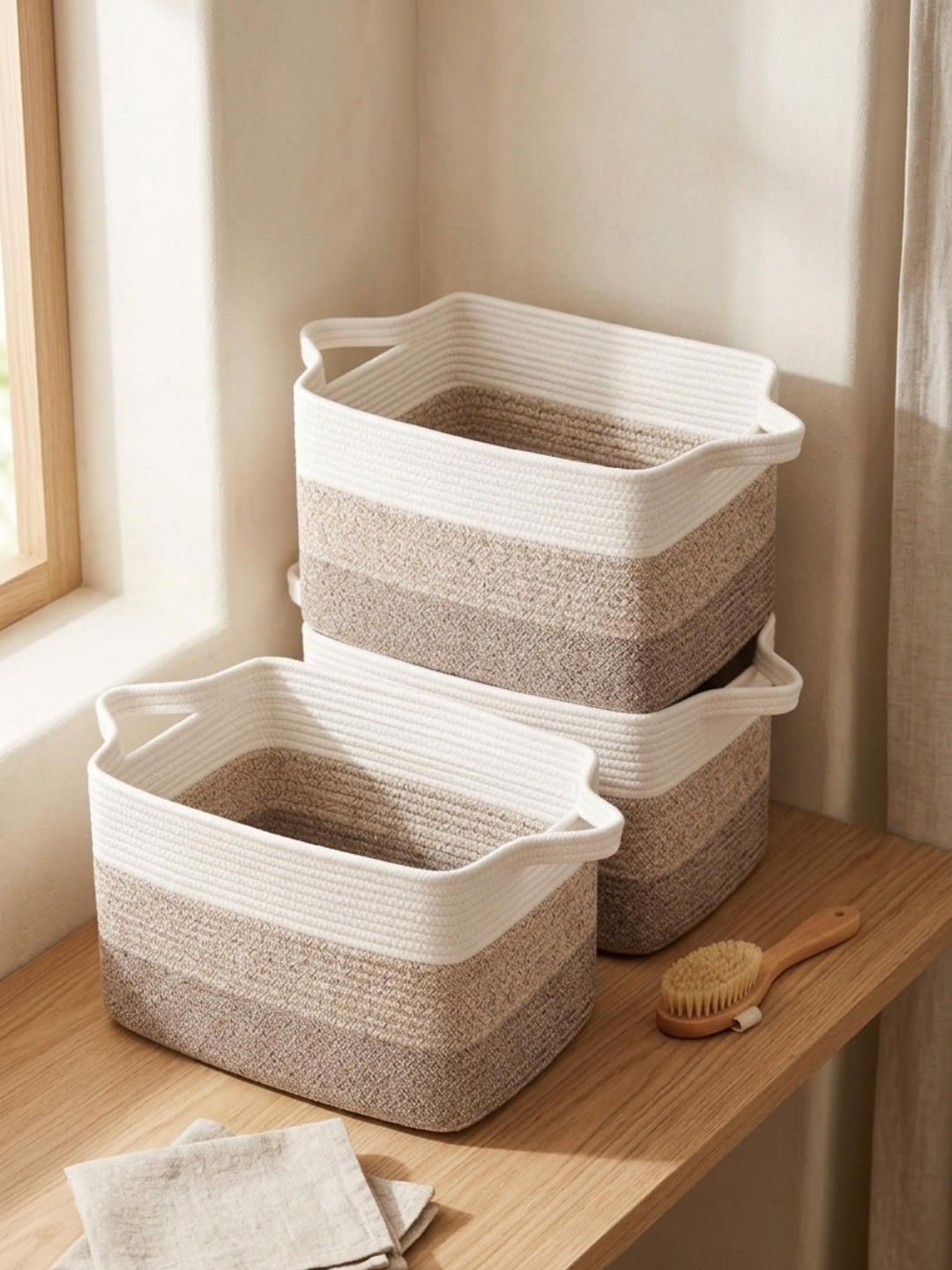 Three rectangular woven cotton rope baskets stacked on a light wood surface next to a wooden brush and linen cloth, showing a gradient color scheme of white, tan, and brown.