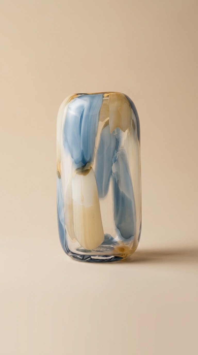 A rectangular vase made of clear glass with irregular swirls of light blue and cream colors, set against a plain beige background.