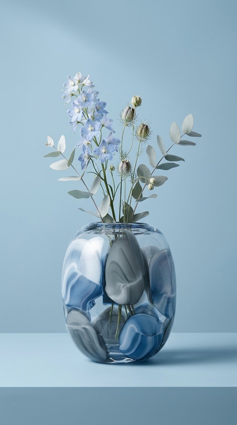 A clear, round glass vase with internal blue and gray swirl patterns, holding light blue delphinium flowers and eucalyptus branches, set against a light blue background.