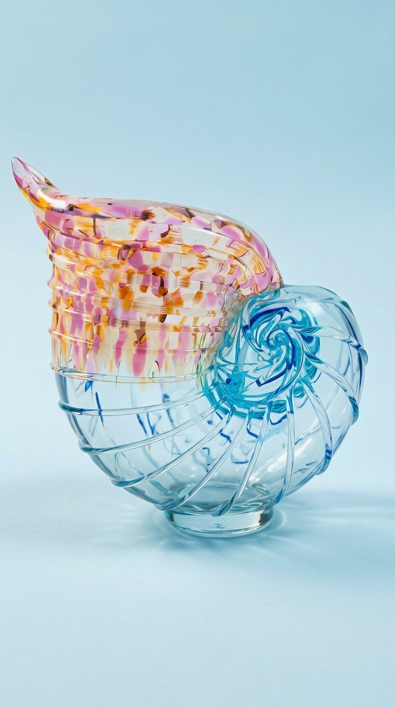 A glass sculpture shaped like a nautilus shell, with a clear and blue swirled base, and an upper section in pink, orange, and yellow translucent glass fragments, set against a light blue background.