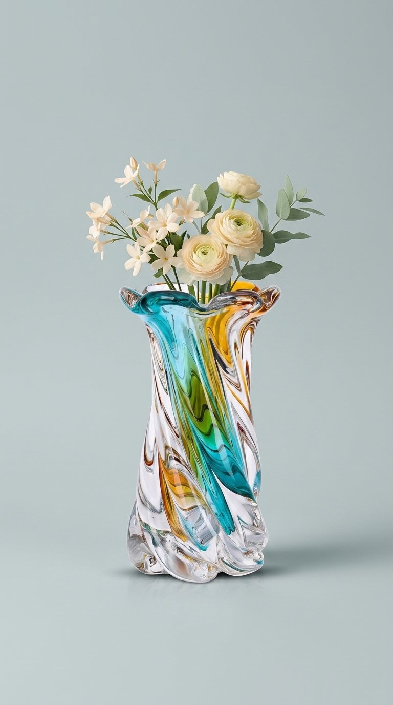 A tall multicolored glass vase with blue, green, amber, and white swirls, holding cream flowers against a pale blue background.