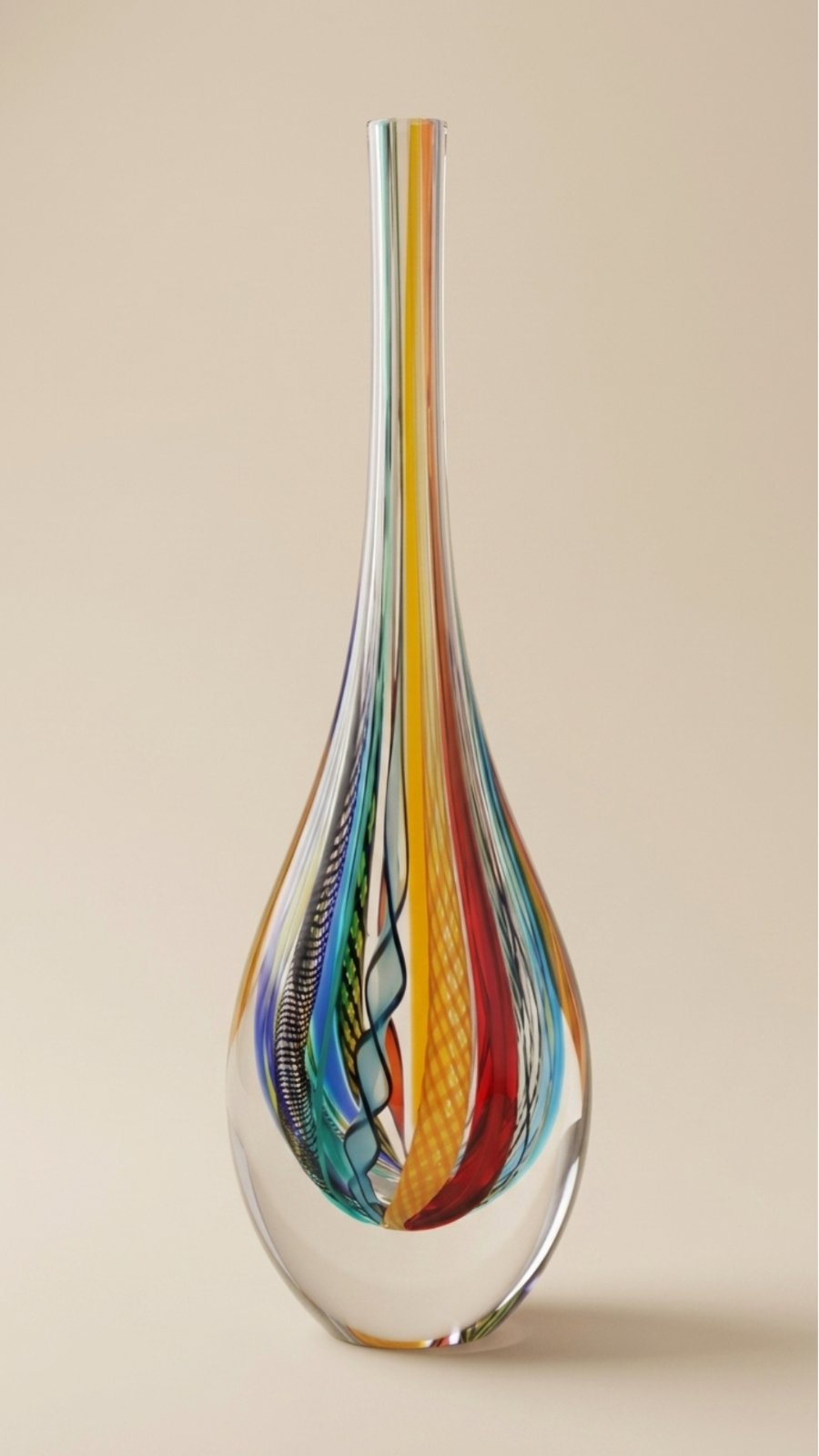 A tall teardrop-shaped clear glass vase with an elongated neck, featuring vertical encased ribbons of red, yellow, turquoise, and black patterned canes against a plain beige background.