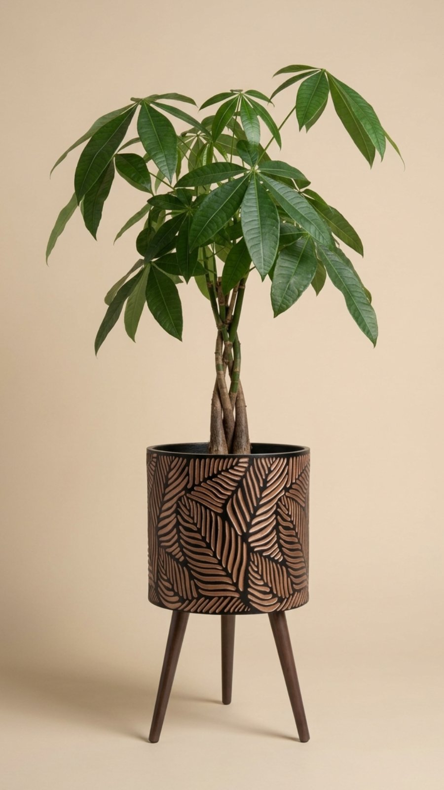 A cylindrical black planter with a carved leaf pattern in warm brown, raised on three dark wooden tapered legs and holding a green money tree plant against a plain beige background.
