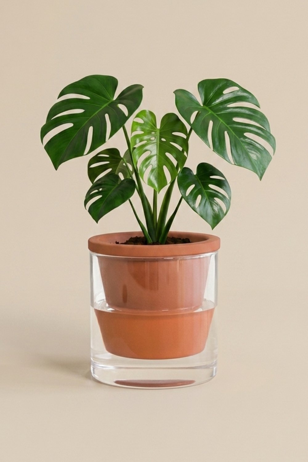 A large green Monstera plant in a terracotta pot, which sits inside a clear glass cylindrical vase with water at the bottom, all against a plain beige background.