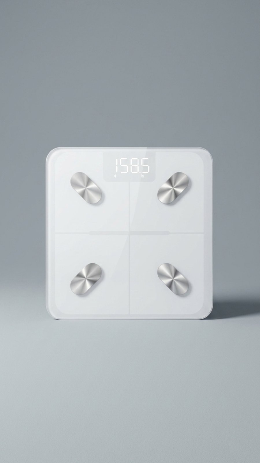 A white square smart scale with a digital display showing '158.5 lb' and four brushed metal circular sensor pads, centered on a light gray background.