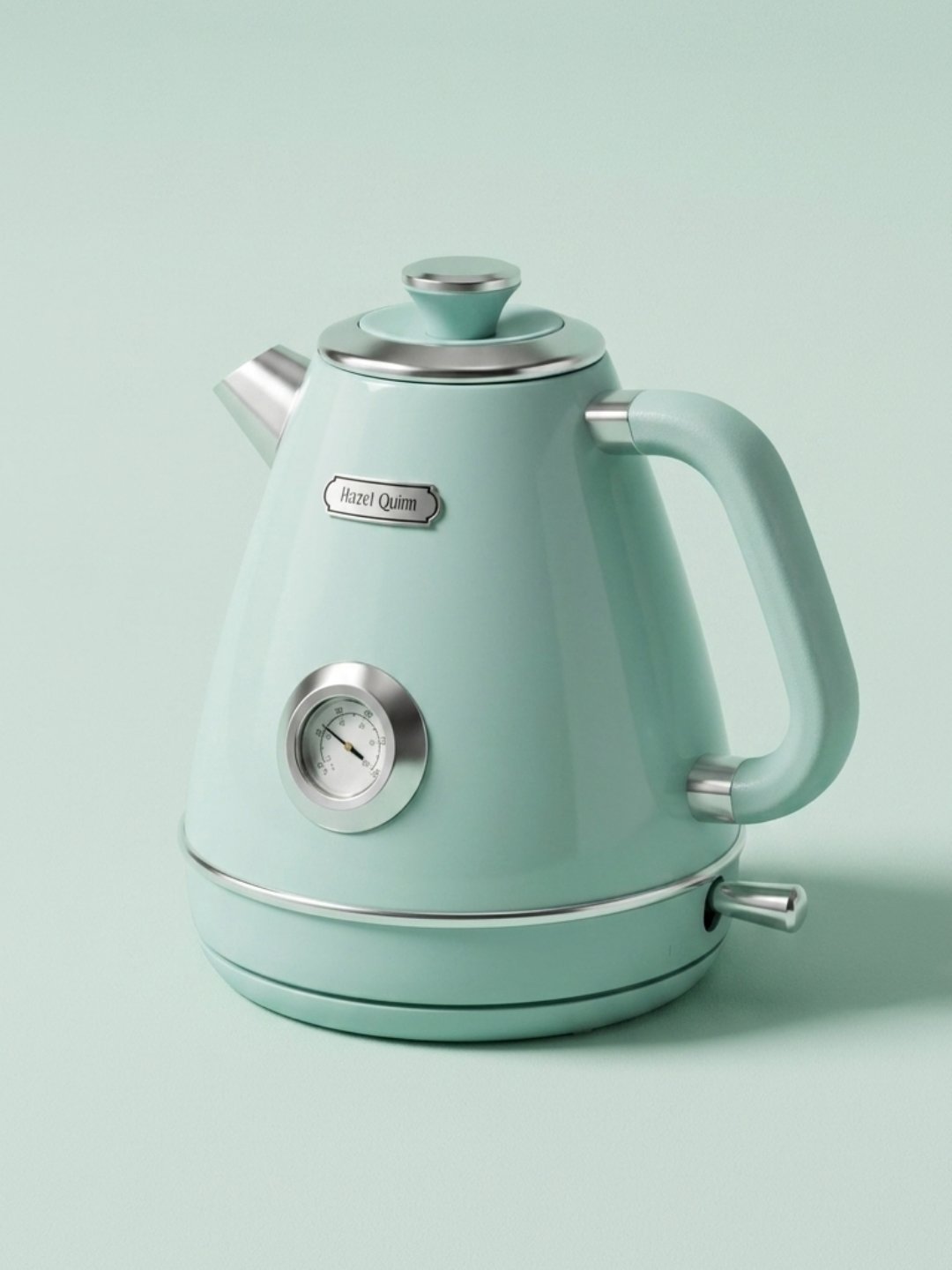 A mint green electric kettle with a thermometer dial and silver accents, sitting on a solid light green background.