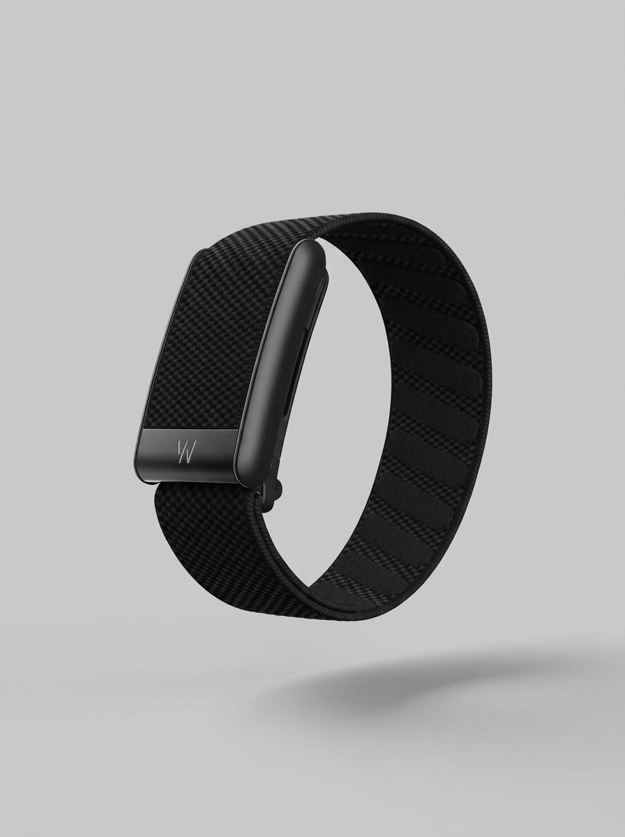 A black WHOOP 5.0 activity tracker with a textured SuperKnit band, floating against a light grey background.