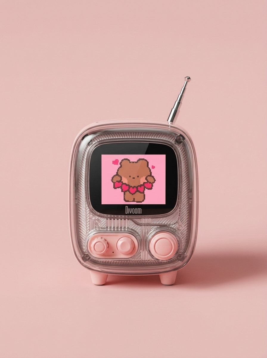 A pink Divoom Tivoo-2 retro television-shaped speaker with a pixel art image of a brown bear holding hearts on its screen, set against a solid pink background.