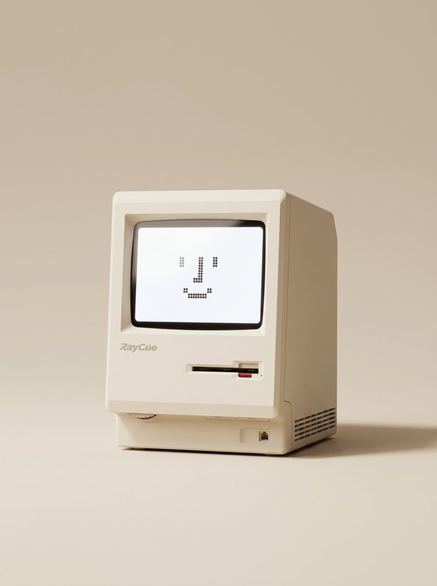 An ivory retro-style desktop computer, featuring a black pixelated smiley face on its white screen, sits against a light beige background.