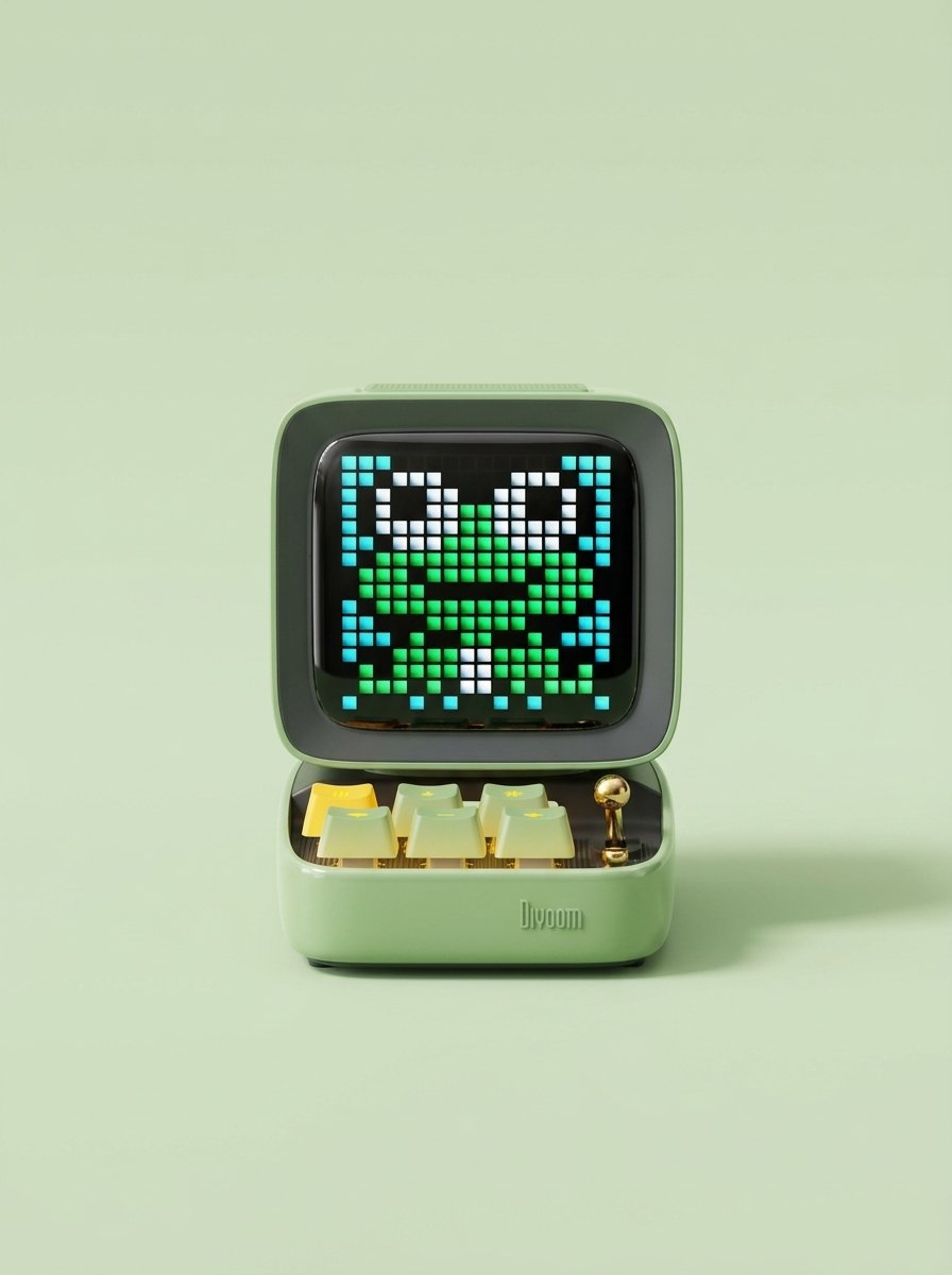 A light green Divoom Ditoo retro pixel art speaker with a dark gray screen displaying a green pixelated frog face. Below the screen are five light yellow keyboard keys and a small golden joystick, all set against a light green background.