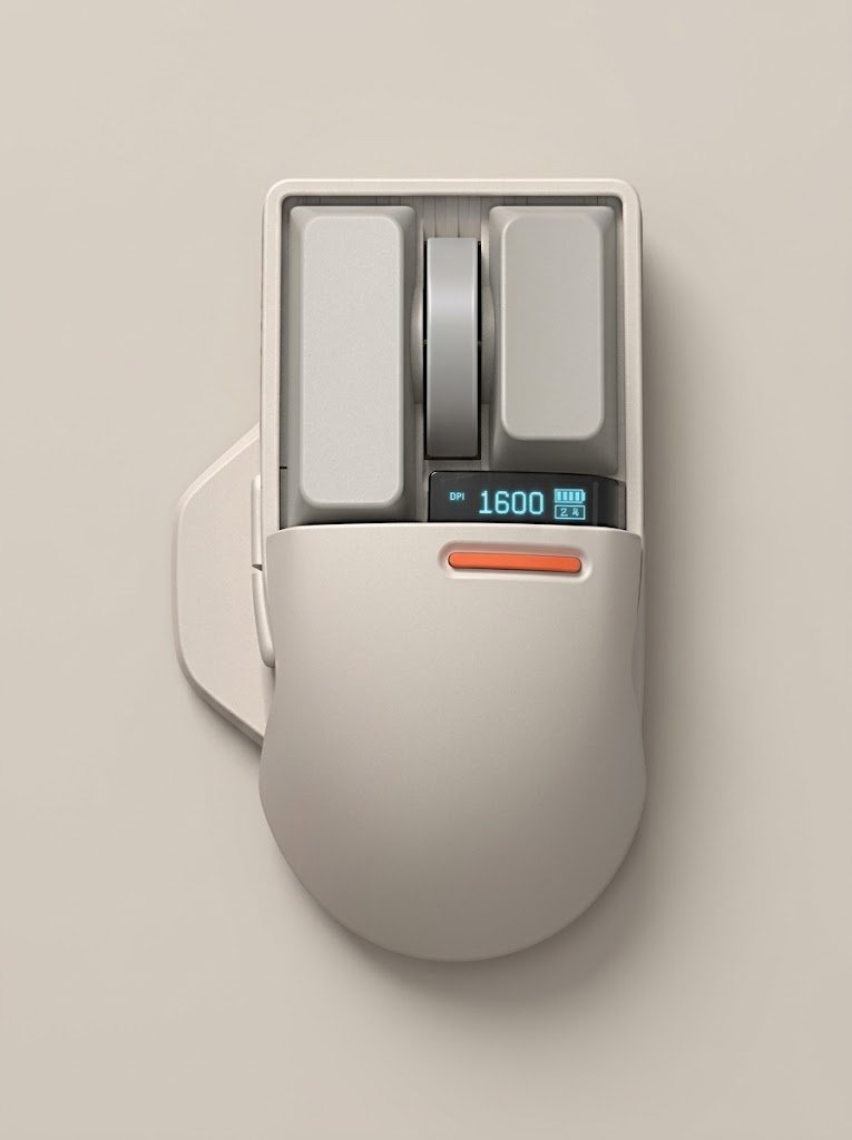 Top-down view of a light grey computer mouse with block-shaped buttons and a small OLED screen displaying 'DPI 1600' and a battery icon. An orange accent line is visible below the screen.